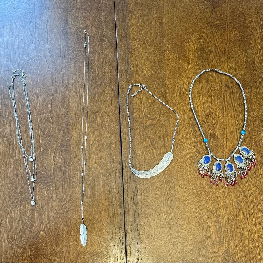 Silver and Blue Statement Necklaces - Feather Necklaces